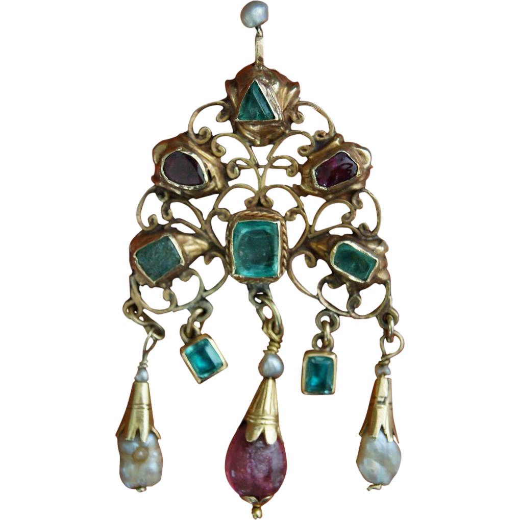 Antique Emerald, Ruby & Pink Tourmaline Brooch Antique Emerald, Ruby & Pink Tourmaline Brooch
