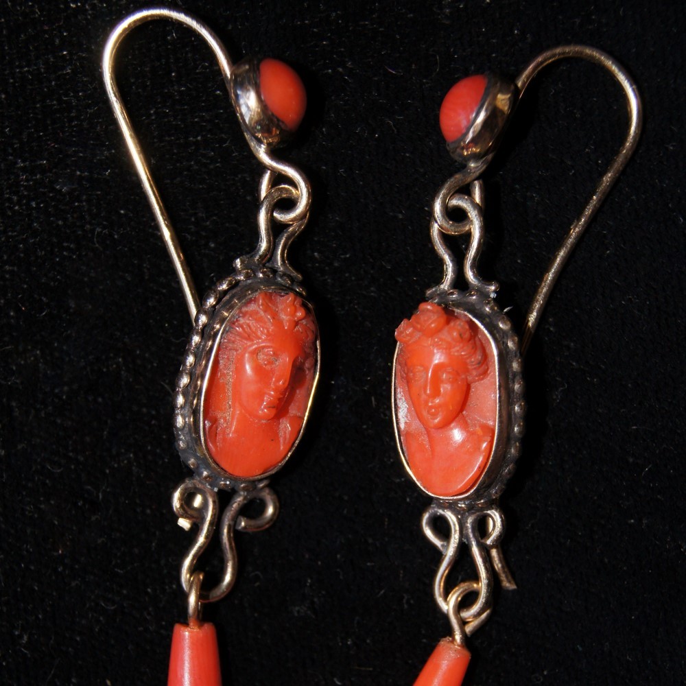 Antique Coral Cameo Drop Earrings Antique Coral Cameo Drop Earrings
