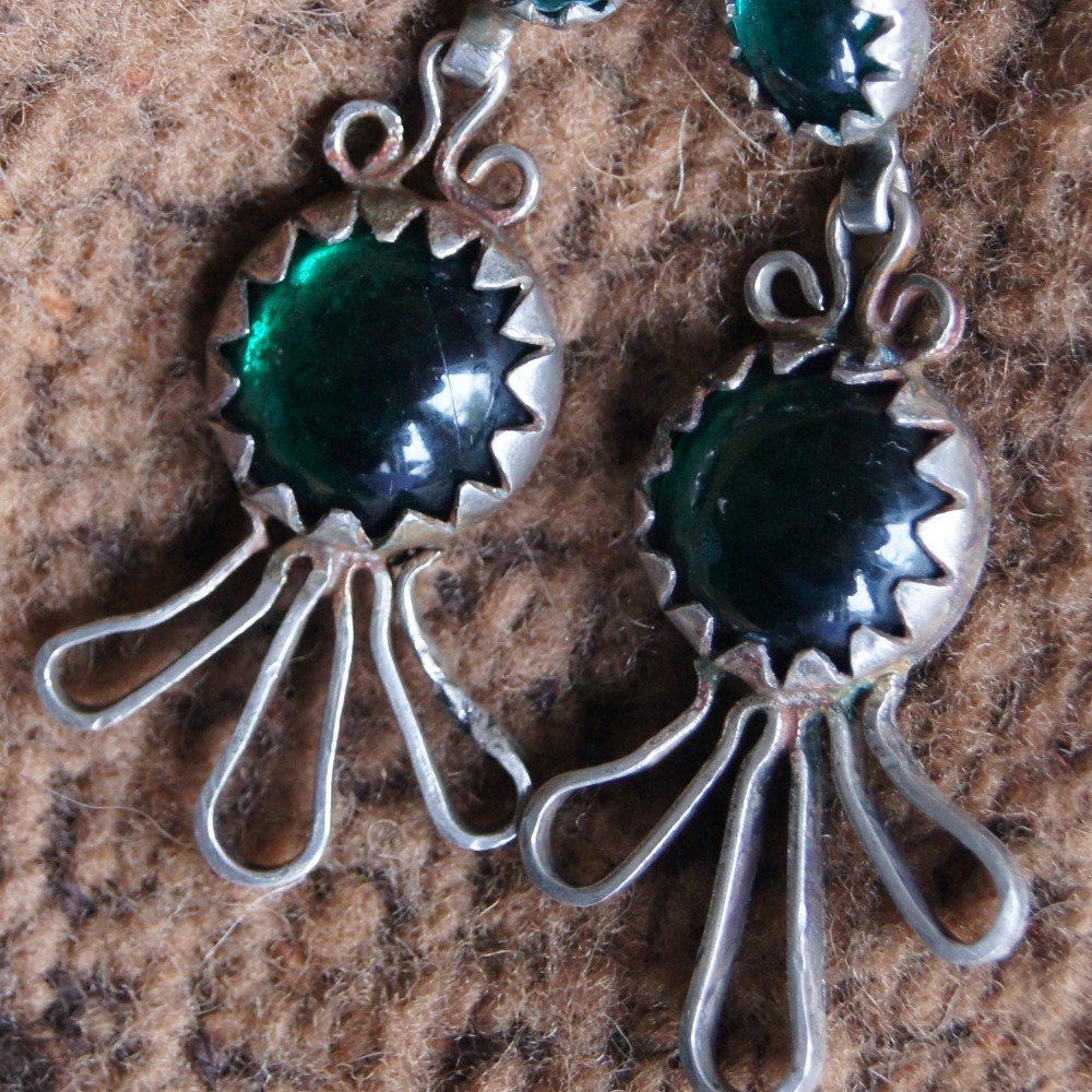 Spanish Colonial Foil Backed Green Glass Earrings Spanish Colonial Foil Backed Green Glass Earrings