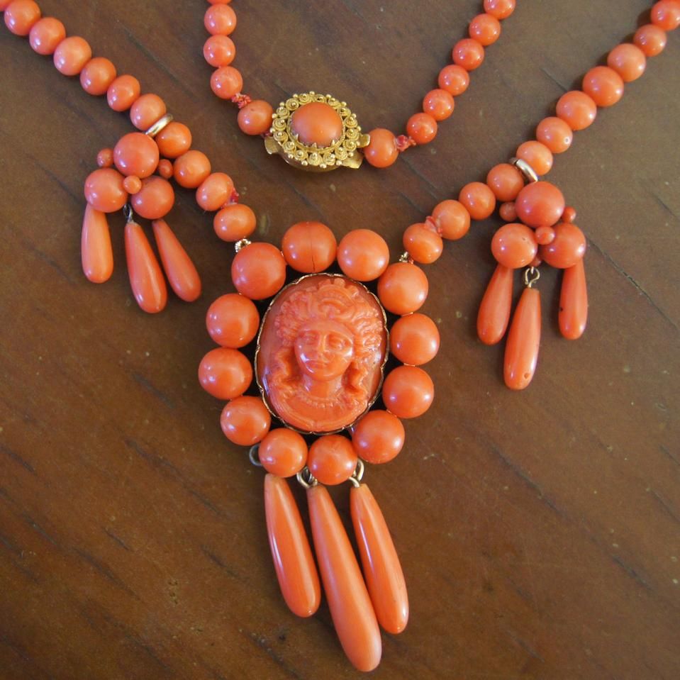 Victorian coral cameo festoon necklace with drops Victorian coral cameo festoon necklace with drops