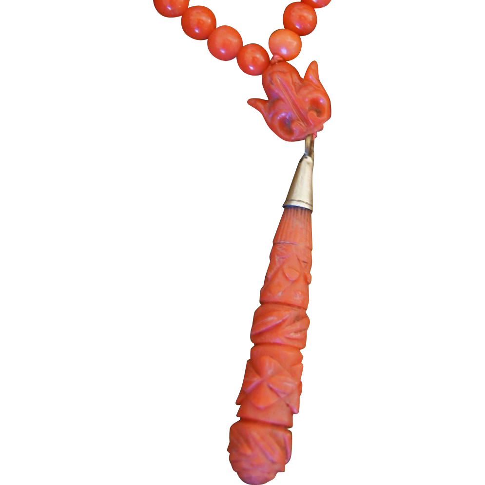 Victorian Coral Necklace With Carved Coral Pendant and Carved Coral Clasp Victorian Coral Necklace With Carved Coral Pendant and Carved Coral Clasp
