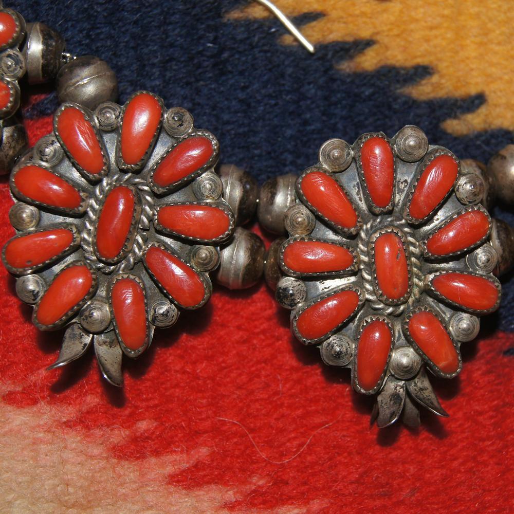 Vintage Zuni Coral Squash Blossom Necklace and Earrings Vintage Zuni Coral Squash Blossom Necklace and Earrings
