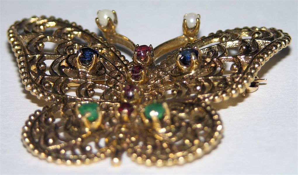 1950's Victorian Revival 14K Gold & Jewels Butterfly Brooch/Pin 1950's Victorian Revival 14K Gold & Jewels Butterfly Brooch/Pin