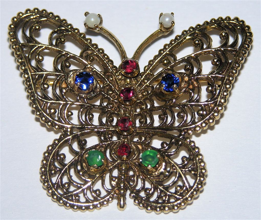 1950's Victorian Revival 14K Gold & Jewels Butterfly Brooch/Pin 1950's Victorian Revival 14K Gold & Jewels Butterfly Brooch/Pin