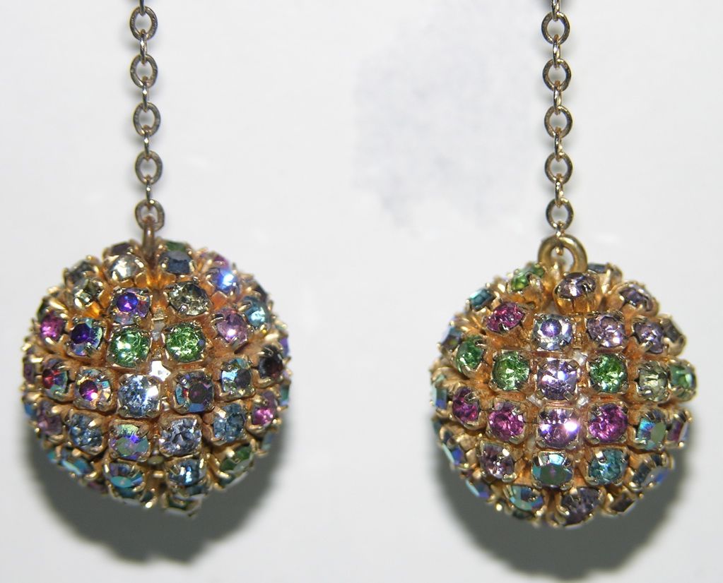 1960's Pastel Rhinestone Ball Drop Earrings 1960's Pastel Rhinestone Ball Drop Earrings