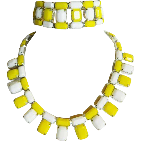 Weiss 1950's Yellow & White Chicklet Glass Necklace & Bracelet ~ Pristine, Unworn Condition Weiss 1950's Yellow & White Chicklet Glass Necklace & Bracelet ~ Pristine, Unworn Condition