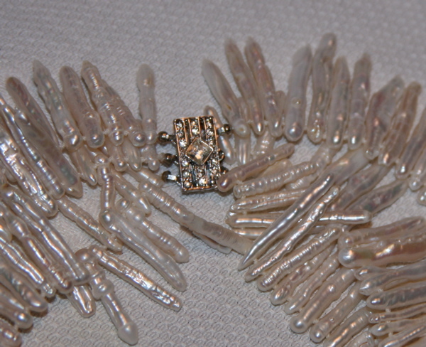 Biwa Stick Genuine Pearl Necklace with Art Deco Rhinestone Clasp Biwa Stick Genuine Pearl Necklace with Art Deco Rhinestone Clasp