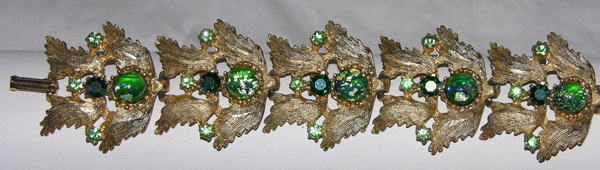 Judy Lee 1960's Green Foiled Art Glass & Leaves Bracelet Judy Lee 1960's Green Foiled Art Glass & Leaves Bracelet