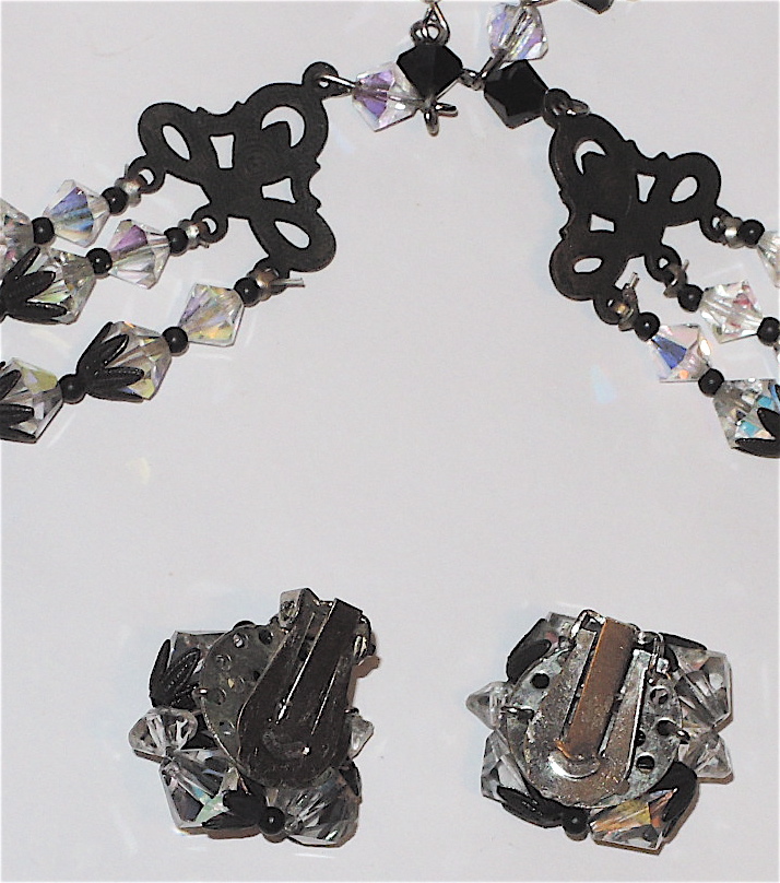 1950's 3-Strand Crystal Aurora Borealis & Japanned Necklace & Earring Set 1950's 3-Strand Crystal Aurora Borealis & Japanned Necklace & Earring Set