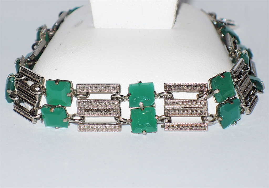 Art Deco Czech Chrysoprase Link Bracelet Art Deco Czech Chrysoprase Link Bracelet