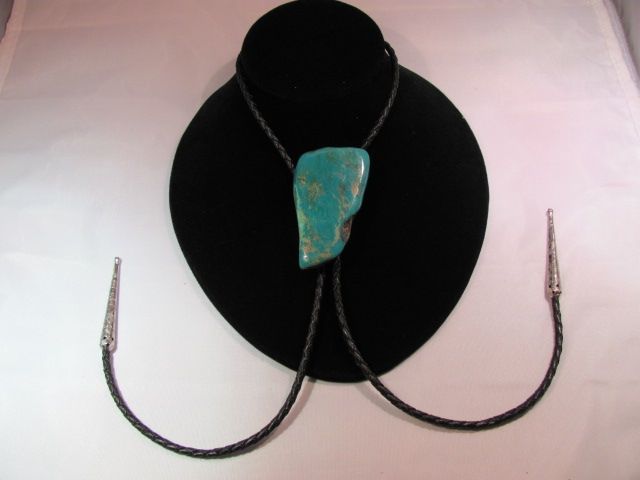 Vintage Quartz Turquoise Bolo Tie With Silver Tone Tips Vintage Quartz Turquoise Bolo Tie With Silver Tone Tips