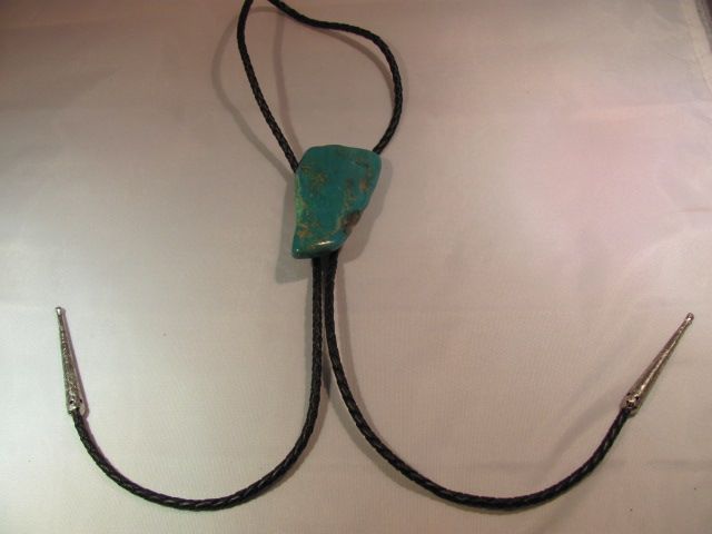 Vintage Quartz Turquoise Bolo Tie With Silver Tone Tips Vintage Quartz Turquoise Bolo Tie With Silver Tone Tips