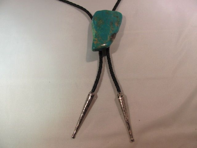 Vintage Quartz Turquoise Bolo Tie With Silver Tone Tips Vintage Quartz Turquoise Bolo Tie With Silver Tone Tips