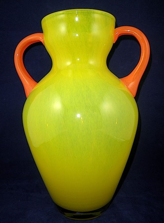 Hand Blown Art Class Vase, Double-Handle, Yellow & Orange, Circa 1980 Hand Blown Art Class Vase, Double-Handle, Yellow & Orange, Circa 1980