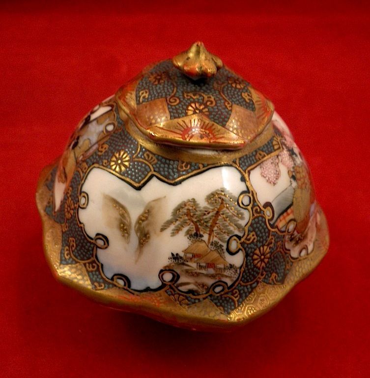 Matched Pair-Antique Japanese Kutani Hair Polychrome Vessels w/ Lids-1890 Matched Pair-Antique Japanese Kutani Hair Polychrome Vessels w/ Lids-1890