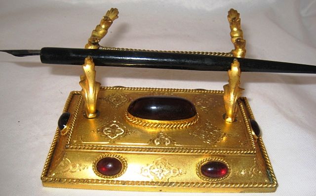Gilt Bronze & Garnet 3 Piece Desk Set: Stationery Casket, Inkwell & Pen Tray Gilt Bronze & Garnet 3 Piece Desk Set: Stationery Casket, Inkwell & Pen Tray