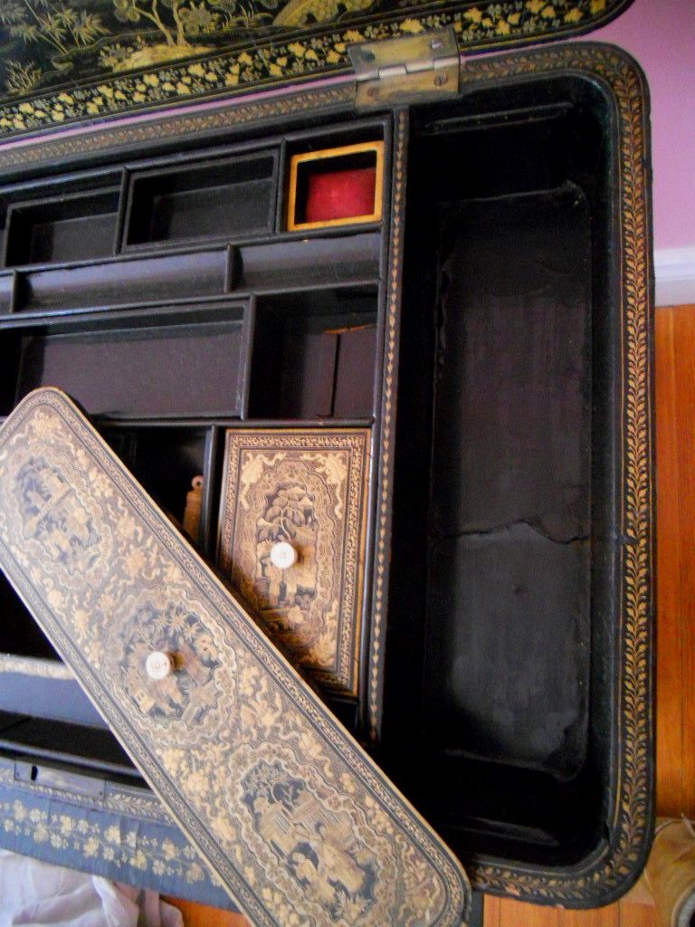 Antique Gold Lacquer Chinese Sewing Table & Ivory Accessories Antique Gold Lacquer Chinese Sewing Table & Ivory Accessories
