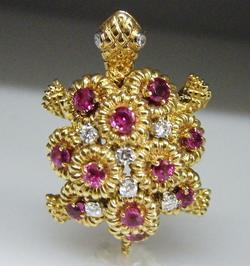 Vintage 14K Gold Ruby Diamond Turtle Tortoise Brooch Pin Vintage 14K Gold Ruby Diamond Turtle Tortoise Brooch Pin
