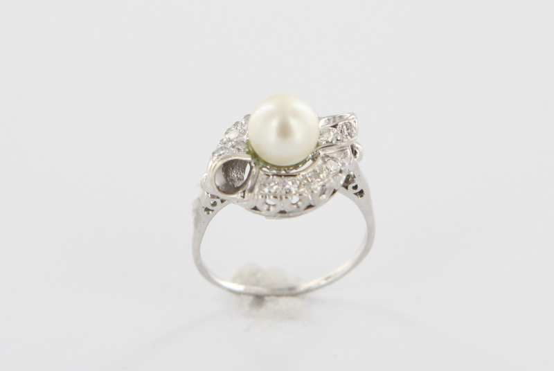 Art Deco 14K White Gold Cultured Pearl Diamond Cocktail Engagement Ring Art Deco 14K White Gold Cultured Pearl Diamond Cocktail Engagement Ring