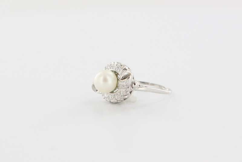 Art Deco 14K White Gold Cultured Pearl Diamond Cocktail Engagement Ring Art Deco 14K White Gold Cultured Pearl Diamond Cocktail Engagement Ring