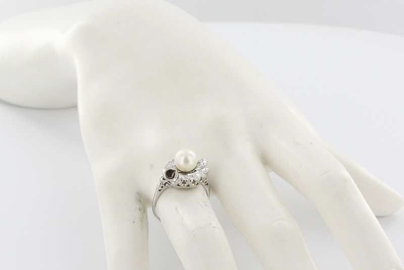 Art Deco 14K White Gold Cultured Pearl Diamond Cocktail Engagement Ring Art Deco 14K White Gold Cultured Pearl Diamond Cocktail Engagement Ring
