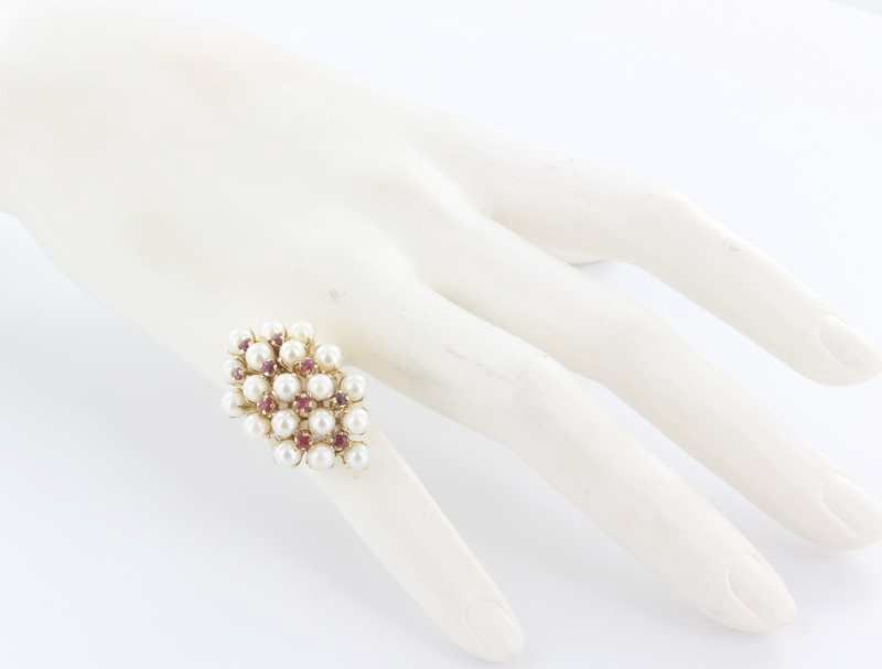 Antique Victorian 14K Yellow Gold Ruby Cultured Pearl Cocktail Ring Antique Victorian 14K Yellow Gold Ruby Cultured Pearl Cocktail Ring