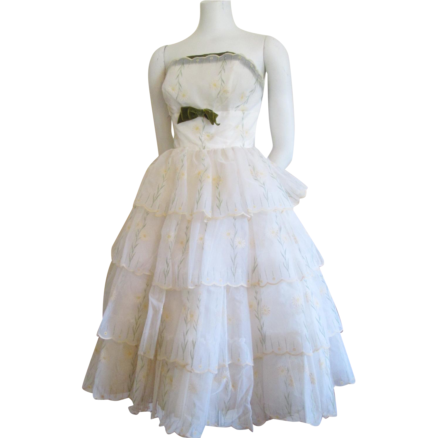 Dress Vintage 1950s Daisy Flower Tulle Skirt Strapless Party Prom ...