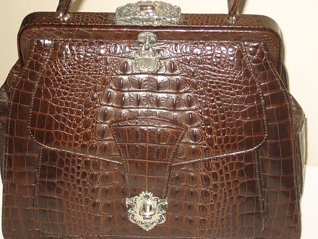 C. 80's Ann Turk Brown Leather Embossed Alligator Look Purse with Optional Shoulder Strap C. 80's Ann Turk Brown Leather Embossed Alligator Look Purse with Optional Shoulder Strap
