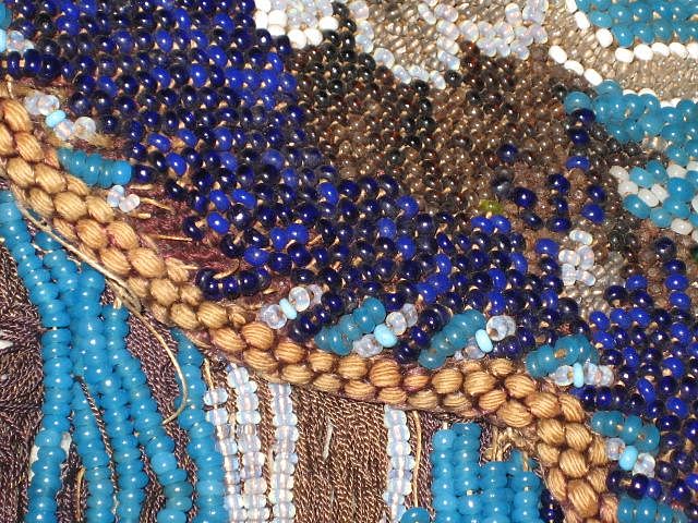 Stunning Large Antique All Beadwork Fireplace Screen Panel with Fringe-Turquoise Floral with Side Tassel Stunning Large Antique All Beadwork Fireplace Screen Panel with Fringe-Turquoise Floral with Side Tassel