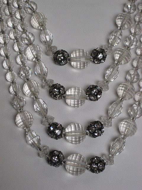 Vintage Clear Multi Faceted Beaded & Rhinestone Roundels Four Strand Necklace & Earrings Vintage Clear Multi Faceted Beaded & Rhinestone Roundels Four Strand Necklace & Earrings