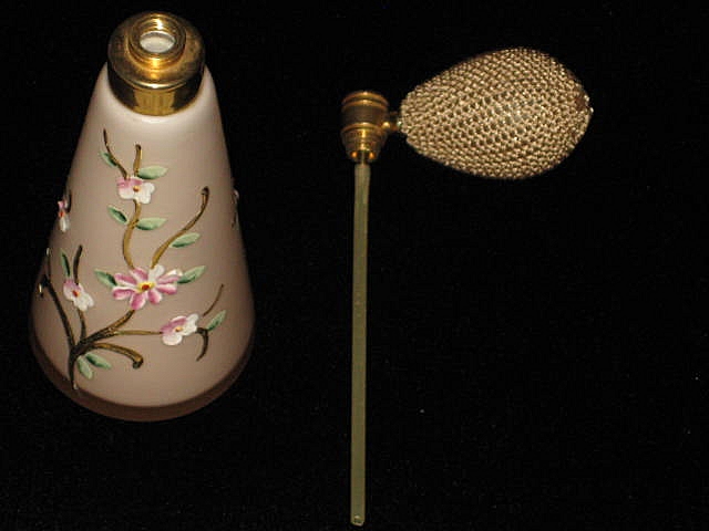 Vintage Pink Satin Glass Atomizer w/Hand Painted Enameled Flowers-1 of 2 Vintage Pink Satin Glass Atomizer w/Hand Painted Enameled Flowers-1 of 2