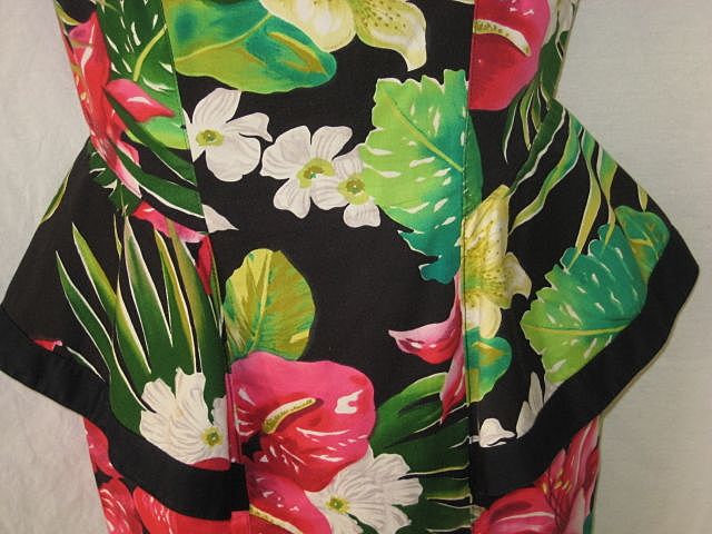 Gorgeous 1980's Black Cotton Floral Dress with Peplum, Unusual Neckline & Back-By Barbara Barbara-Approx. Sz 8 Gorgeous 1980's Black Cotton Floral Dress with Peplum, Unusual Neckline & Back-By Barbara Barbara-Approx. Sz 8