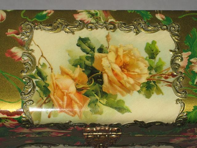 Victorian Celluloid Upright Cabinet Card/Postcard Box with Winter Holiday Scene & Klein Style Roses Victorian Celluloid Upright Cabinet Card/Postcard Box with Winter Holiday Scene & Klein Style Roses