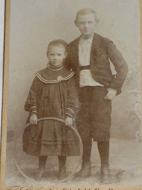 Antique Victorian Small Cabinet Card-Young Man & Young Girl with Hula Hoop Type Toy-Bremen, German Antique Victorian Small Cabinet Card-Young Man & Young Girl with Hula Hoop Type Toy-Bremen, German