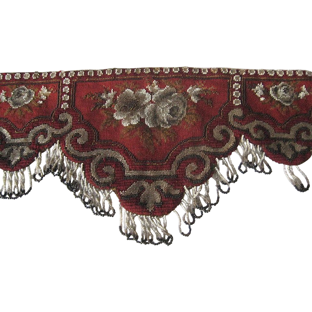 Victorian Needlepoint Beadwork Roses ValanceBurgundy w/Some Fringe from victoriandreams on Ruby
