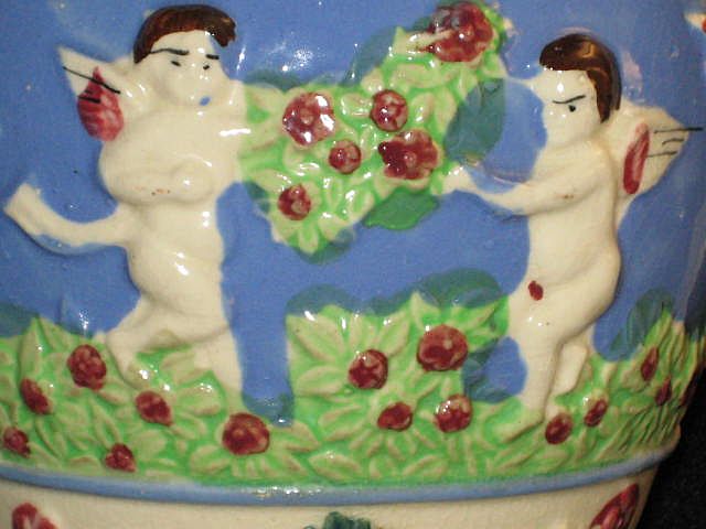 Vintage Two Handled Vase with Five Winged Cherubs, Birds & Flowers Vintage Two Handled Vase with Five Winged Cherubs, Birds & Flowers