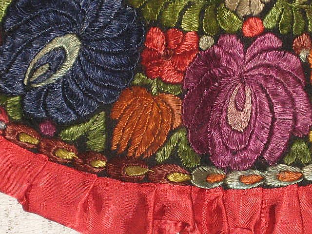 Hungarian Matyo 1920's Hand Embroidered Oval Floral Pillow Cover with Rusty Red Satin Ruffle Hungarian Matyo 1920's Hand Embroidered Oval Floral Pillow Cover with Rusty Red Satin Ruffle