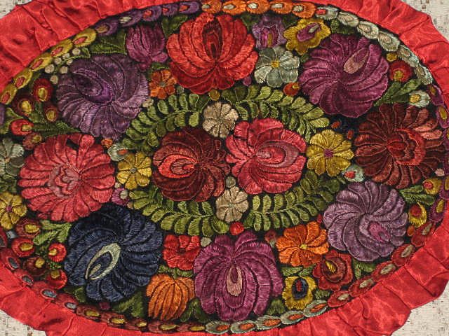 Hungarian Matyo 1920's Hand Embroidered Oval Floral Pillow Cover with Rusty Red Satin Ruffle Hungarian Matyo 1920's Hand Embroidered Oval Floral Pillow Cover with Rusty Red Satin Ruffle