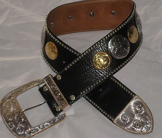 1980's Al Beres 3" Wide Black Leather Concho Belt w/Gold & Silver Plate Conchos-Sz. 25-29 1980's Al Beres 3" Wide Black Leather Concho Belt w/Gold & Silver Plate Conchos-Sz. 25-29