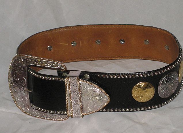 1980's Al Beres 3" Wide Black Leather Concho Belt w/Gold & Silver Plate Conchos-Sz. 25-29 1980's Al Beres 3" Wide Black Leather Concho Belt w/Gold & Silver Plate Conchos-Sz. 25-29