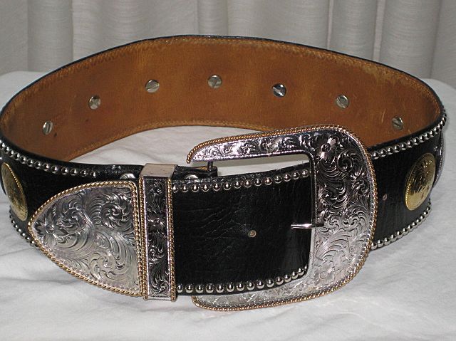 1980's Al Beres 3" Wide Black Leather Concho Belt w/Gold & Silver Plate Conchos-Sz. 25-29 1980's Al Beres 3" Wide Black Leather Concho Belt w/Gold & Silver Plate Conchos-Sz. 25-29