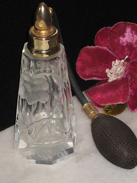 Vintage Cut Crystal Atomizer with Frosted Floral Detail Vintage Cut Crystal Atomizer with Frosted Floral Detail