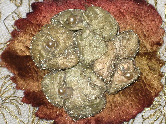 Large Antique French Gold Metallic Oval Appliqué with Faux Pearls & Ribbon Rose Large Antique French Gold Metallic Oval Appliqué with Faux Pearls & Ribbon Rose
