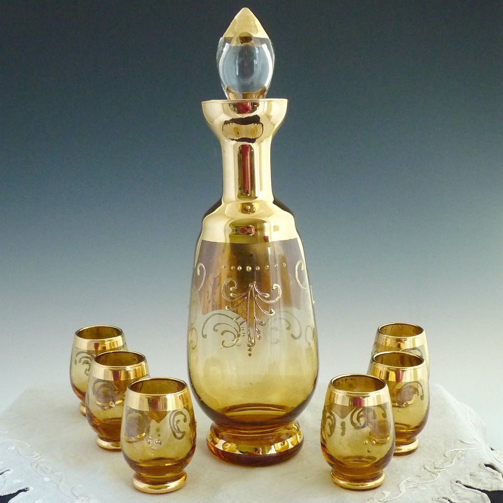 Bohemian Czech amber glass cordial set coin gold hand painted flowers Bohemian Czech amber glass cordial set coin gold hand painted flowers