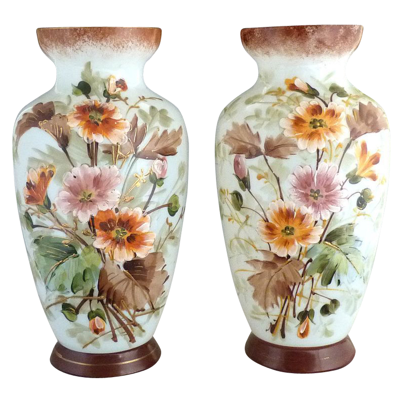 Antique glass mantel vase set hand painted Bristol Glass England Antique glass mantel vase set hand painted Bristol Glass England