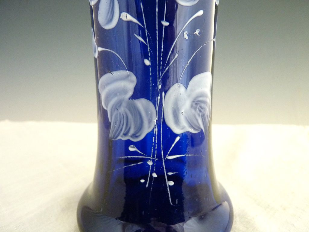 Victorian cobalt glass vase hand painted flowers seed glass Victorian cobalt glass vase hand painted flowers seed glass