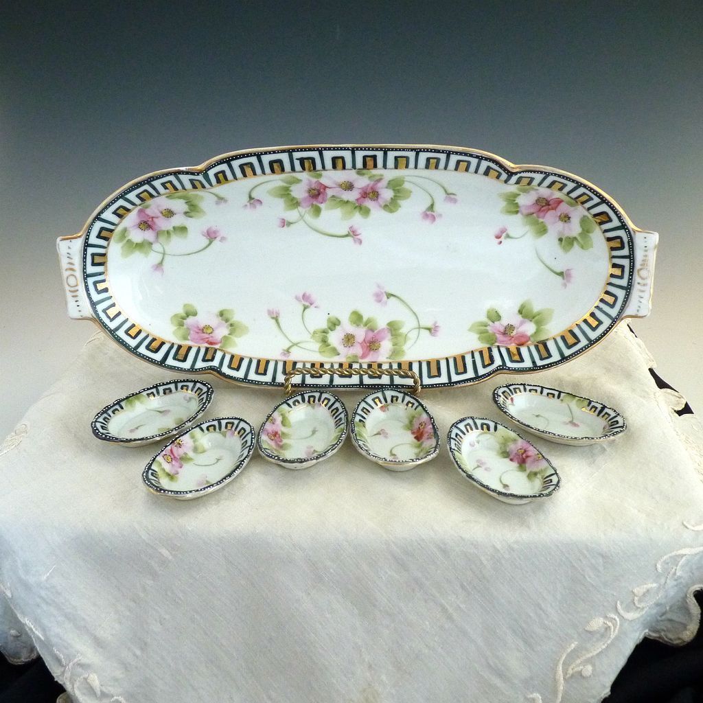 Japan porcelain celery tray salts Nippon mark hand painted from