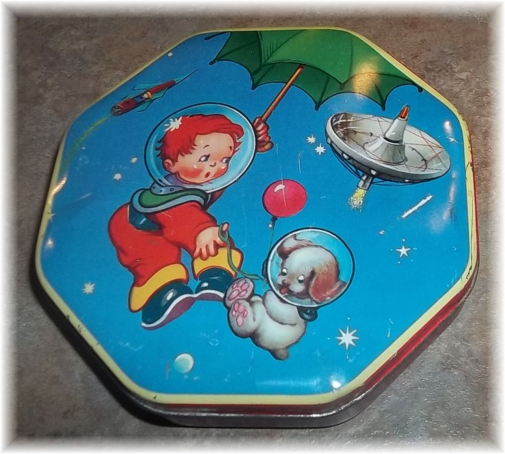 Boy In Space Astronaut with Puppy Wilkin Cremona Advertising Tin Boy In Space Astronaut with Puppy Wilkin Cremona Advertising Tin