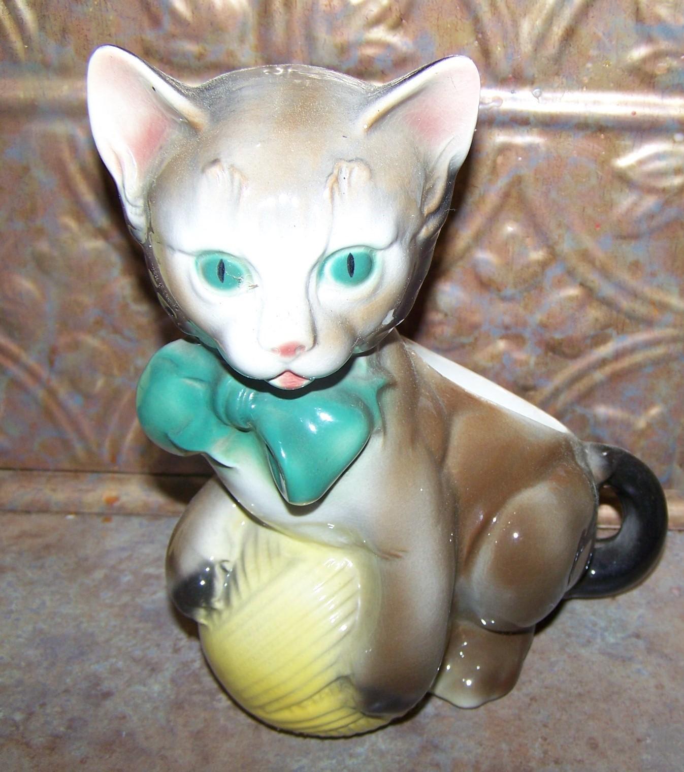 Cheerful 1950's Royal Copley Pottery Cat With Yarn Planter Cheerful 1950's Royal Copley Pottery Cat With Yarn Planter