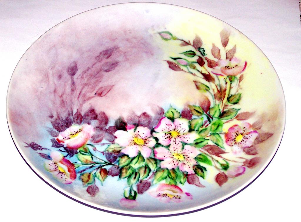 Pink Wild Roses Hand Painted Porcelain Plate Artist Signed Ethel Pink Wild Roses Hand Painted Porcelain Plate Artist Signed Ethel
